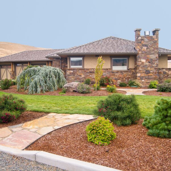 stone pathway and landscaping at a house
